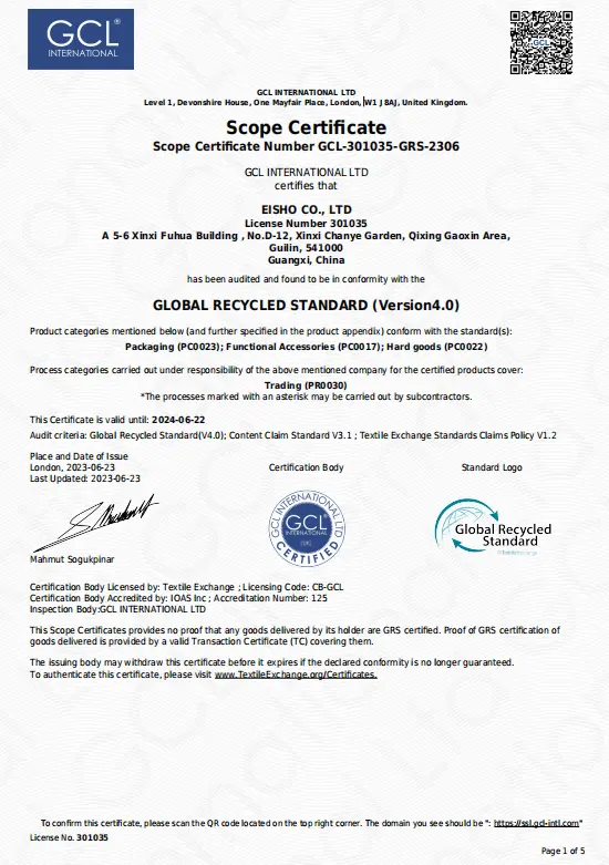 Scope Certificate Number GCL-301035-Gr5-2306