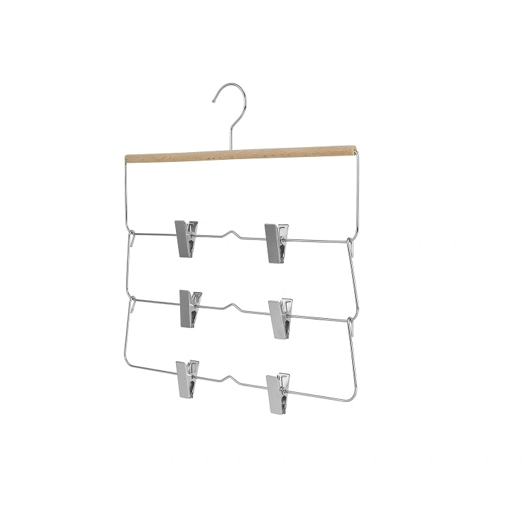 Wholesale Chrome Plated 3-Layer Foldable Ironwood Trouser Hanger with Clips